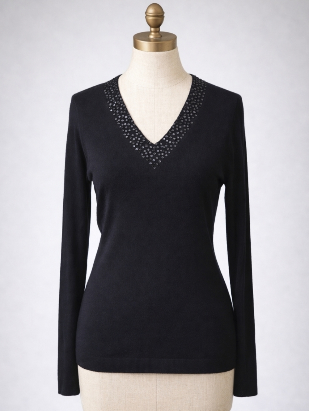 LANDS' END Black Cashmere Wool Sweater – Sequined V‑Neck | EXTRA SMALL - Picture 1 of 9